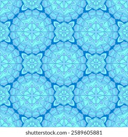 Seamless pattern with blue Indian floral ornament for fabric swatch or wrapping paper. Vector abstract kaleidoscopic background