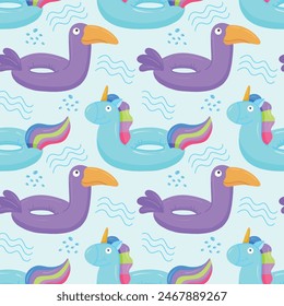 Seamless pattern with blue inflatable unicorn and purple toucan. A float for the pool. Inflatable colorful unicorns and cockatoos. A swimming circle. Vector template for your summer beach design