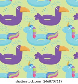 Seamless pattern with blue inflatable unicorn and purple toucan. A float for the pool. Inflatable colorful unicorns and toucans. A swimming circle. Vector template for your summer beach design