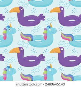 Seamless pattern with blue inflatable unicorn and purple toucan. A float for the pool. Inflatable colorful unicorns and cockatoos. A swimming circle. Vector template for your summer beach design