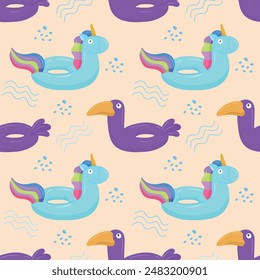 Seamless pattern with blue inflatable unicorn and purple toucan. A float for the pool. Inflatable colorful unicorns and cockatoos. A swimming circle. Vector template for your summer beach design