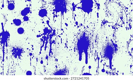 Gotas de tinta azul sin patrón, salpicaduras, gotas de pintura en aerosol. Manchas de manchas, goteo de pintura líquida, salpicaduras de tinta. Arte sucio grunge punto abstracto. Monocromo negro. Salpica, salpica la mancha de tinta desordenada.