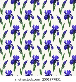 Seamless pattern with blue iris flowers