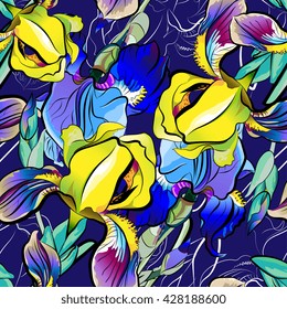 Seamless pattern of blue irises, yellow