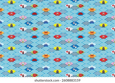 Seamless pattern of blue Japanese wave pattern with Japan symbols drawing in colorful cartoon vector
