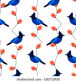 Seamless pattern with blue jay and garland with lights. Ornament for textile and wrapping. Vector background.