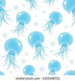 Seamless pattern with blue jellyfish isolated on white background, illustration.