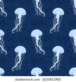 Seamless pattern with blue jellyfish on blue background. For ocean-themed textiles, wallpapers and packaging, postcards or covers.