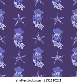 Seamless pattern of blue jellyfish and sea star. Vector coralline reef ocean animals underwater life doodle sketch background.