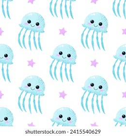 Seamless pattern with blue jellyfish and stars. Cute cartoon childish print. Underwater animals on white background. Graphic vector design for textile, wrapping paper, wallpaper, print or fabric.