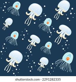 Seamless pattern with blue jellyfish vector illustration on blue background