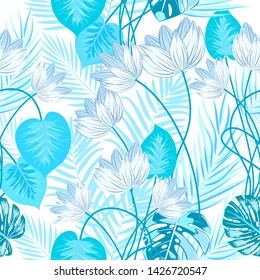 Seamless pattern of blue jungle leaves of palm tree and flowers. Tropical vector background.