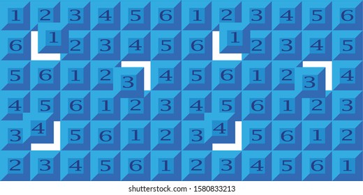 Seamless pattern of blue keyboard buttons with random numbers on it. Some keys have jumped out.