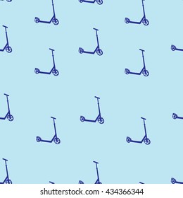 Seamless pattern blue kick scooter on a blue background, vector