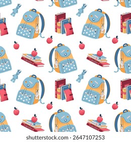 Padrão contínuo com mochila azul crianças, pilha de livros, Apple. Voltar à Escola Fundo para Têxteis Infantis, Materiais Educacionais, Marcas Escolares. Ideal para Planejador Estudantil, Recursos do Professor