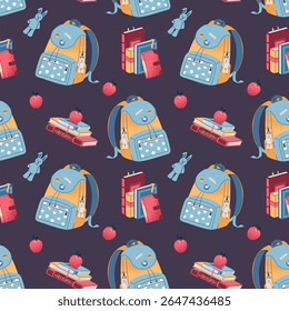 Seamless Pattern with Blue Kids Backpack, Stack of Books, Apple. Back to School Background for Children's Textiles, Educational Materials, School Branding. Ideal for Student Planner, Teacher Resources
