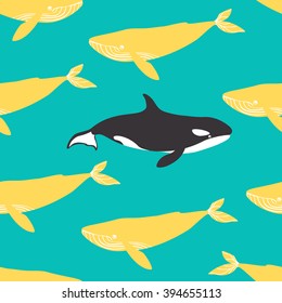 Seamless pattern with blue and killer whales. Vector illustration.
