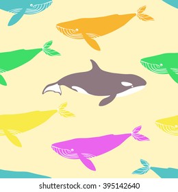 Seamless pattern with blue and killer whales. Vector illustration.
