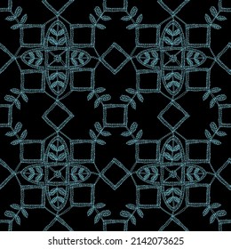 Seamless pattern with blue lace on blackground,Embroidery ethnic for fashion fabric
