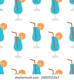 Seamless pattern with Blue Lagoon cocktails with orange and straw on white background. Summer refreshing alcoholic drink. Design for bar. Vector flat illustration for wallpaper, textile, packaging