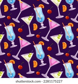 Seamless pattern of Blue lagoon, Martini, Cosmopolitan classic cocktails. Italian aperitif cocktail. Alcoholic beverage for drinks bar menu. Beach Holidays, summer vacation, party, cafe, recreation. 