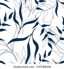 Seamless Pattern with Blue Leafy Entangled Branches in Vector. Trendy Print for Wallpaper and Textile