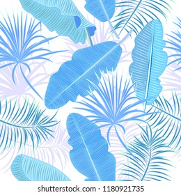 Seamless pattern of blue leaves banana. Tropical leaves of palm tree. Vector background.