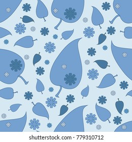 Seamless pattern with blue leaves and flowers on a blue background