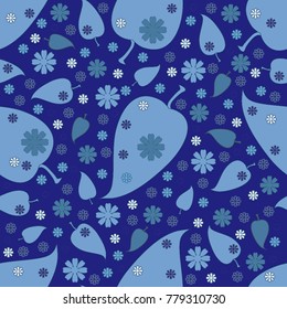 Seamless pattern with blue leaves and flowers on a blue background