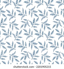 Seamless pattern of blue leaves, foliage natural branches, herbs on white background. Floral wallpaper. Vector illustration.