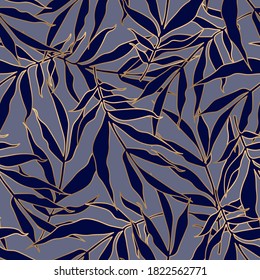 Seamless pattern with blue leaves with golden outline on grey background. Vector illustration. Art deco style.