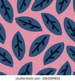Seamless pattern with blue leaves. Hand drawn abstract vector background in retro color palette. Isolated on pink.