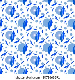 Seamless pattern of blue leaves and blue on ball on white background. Illustration EPS 10