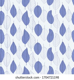 Seamless pattern with blue leaves on a light background. Leaf outline. Fabric swatch. Vector illustration with floral arrangement. Wrap, wallpaper swatches. Bluish outline. Toile Wallpaper.