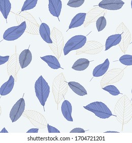 Seamless pattern with blue leaves on a light background. Leaf outline. Fabric swatch. Vector illustration with floral arrangement. Wrap, wallpaper swatches. Bluish outline. Toile Wallpaper.