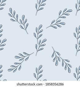 Patrón sin foco con hojas azules sobre fondo azul. Se puede usar para servilletas, papel envolvente, tela, mantel, cortinas, como fondo, para el embalaje.