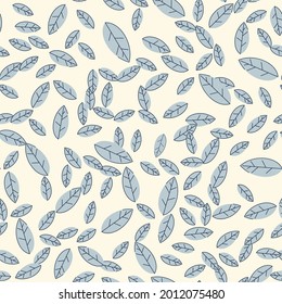 Seamless pattern of blue leaves on a beige background. Strict flat design. Random, chaotic arrangement. Natural eco motive. Printing on fabric, wrapping paper. Vectorillustration