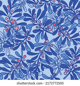 hojas azules sin costura con frutos rosas