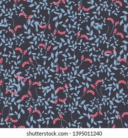 Seamless pattern with blue leaves and red berries