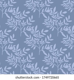Patrón sin foco con silueta de hojas azules. Papel tapiz de ramas de árbol. Fondo natural. Tiras decorativas. Ilustración vectorial. Diseño para el diseño de tejidos, impresión textil, papel de envoltura, cubierta. 