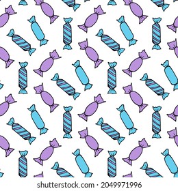 Seamless pattern with blue and light violet candies on white background. Vector image.