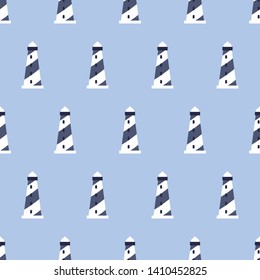 Seamless pattern with blue lighthouses. Cute and childish design for fabric, textile, wallpaper, bedding, swaddles, toys, gender-neutral apparel. Simple and sweet print for nursery decor or wall art.