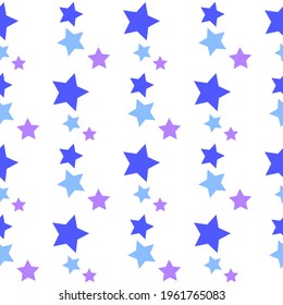 Seamless pattern with blue and lilac stars on a white background. Use for fabric, wrapping paper, wallpaper, print, backdrops, baby clothes, napkins, bags, merchandise, clothing, and artwork.