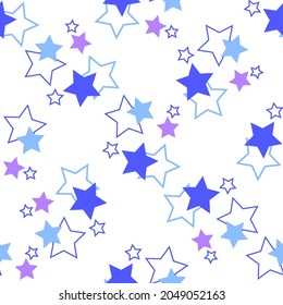 Seamless pattern with blue and lilac stars on a white background. Use for fabric, wrapping paper, wallpaper, print, backdrops, baby clothes, napkins, bags, merchandise, clothing, and artwork.