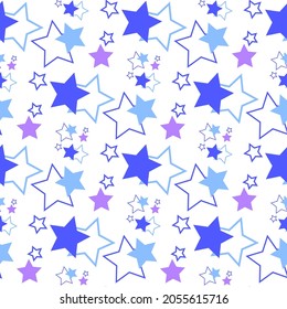 Seamless pattern with blue and lilac stars on a white background. Use for fabric, wrapping paper, wallpaper, print, backdrops, baby clothes, napkins, bags, merchandise, clothing, and artwork.