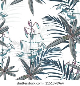 Seamless pattern, blue lilies flowers and green exotic plants on bright background, blue tones.