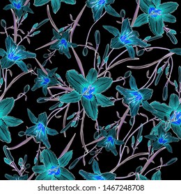 Seamless pattern with blue lilies on black background. Floral pattern for textile, wallpapers, print, greeting card. Vector flowers.