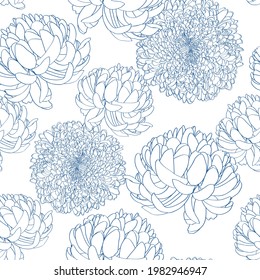 Seamless pattern with a blue line Chrysanthemum Flowers natural ornament. Floral seamless pattern on white background. Autumn flower wallpaper.