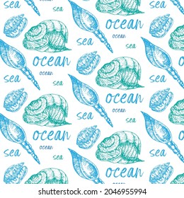 Seamless pattern with blue line sea shells isolated on white background. Cute marine vector illustration.