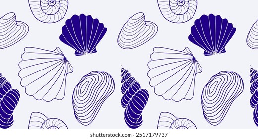 SEamless pattern with blue line seashells with different form. Good for cover, backgrounf